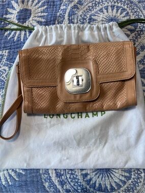 Longchamp Camel Snake-Embossed Leather Wristlet with Silver Turn-Lock